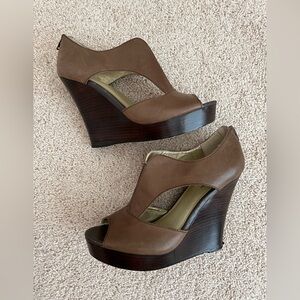 Seychelles Brown Leather Wooden Wedge Heel Sandals